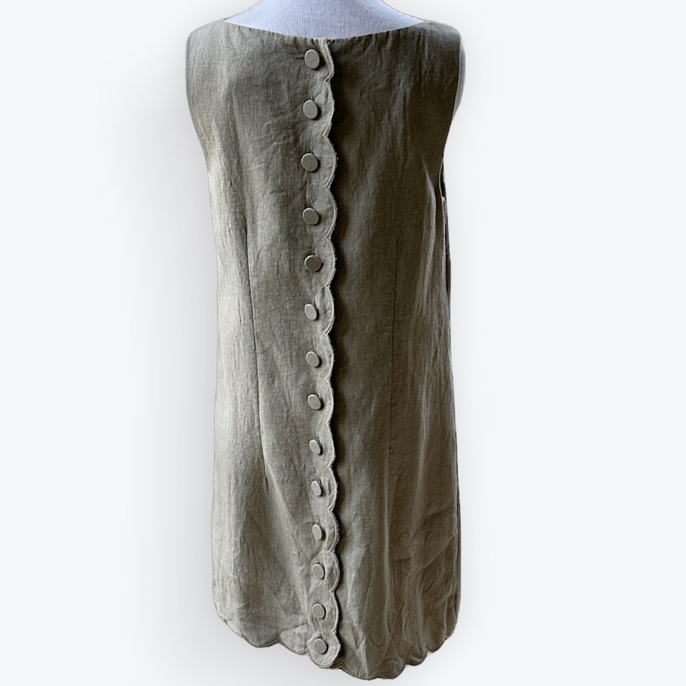 Minimalist Linen Neutral Tan Khaki Shift Dress with Scalloped Button Back ~ XS